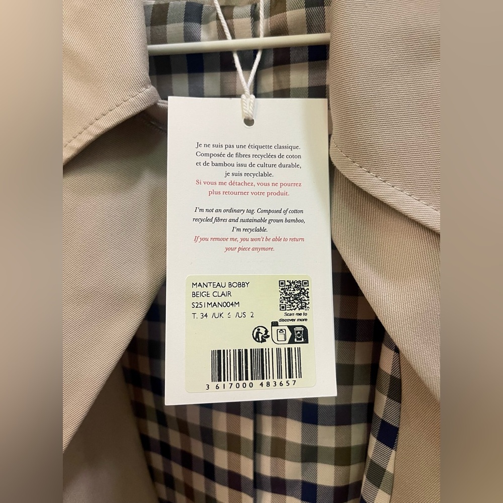 Sezane Bobby Jacket, Light Beige & Gingham, Oversized Cropped Trench, NWT Size 2 - Picture 8 of 16